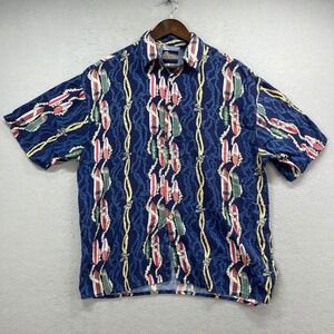 Ringo Sport Hawaiian Shirt Mens Large Blue Surfboard Lei Rayon Aloha Tropical